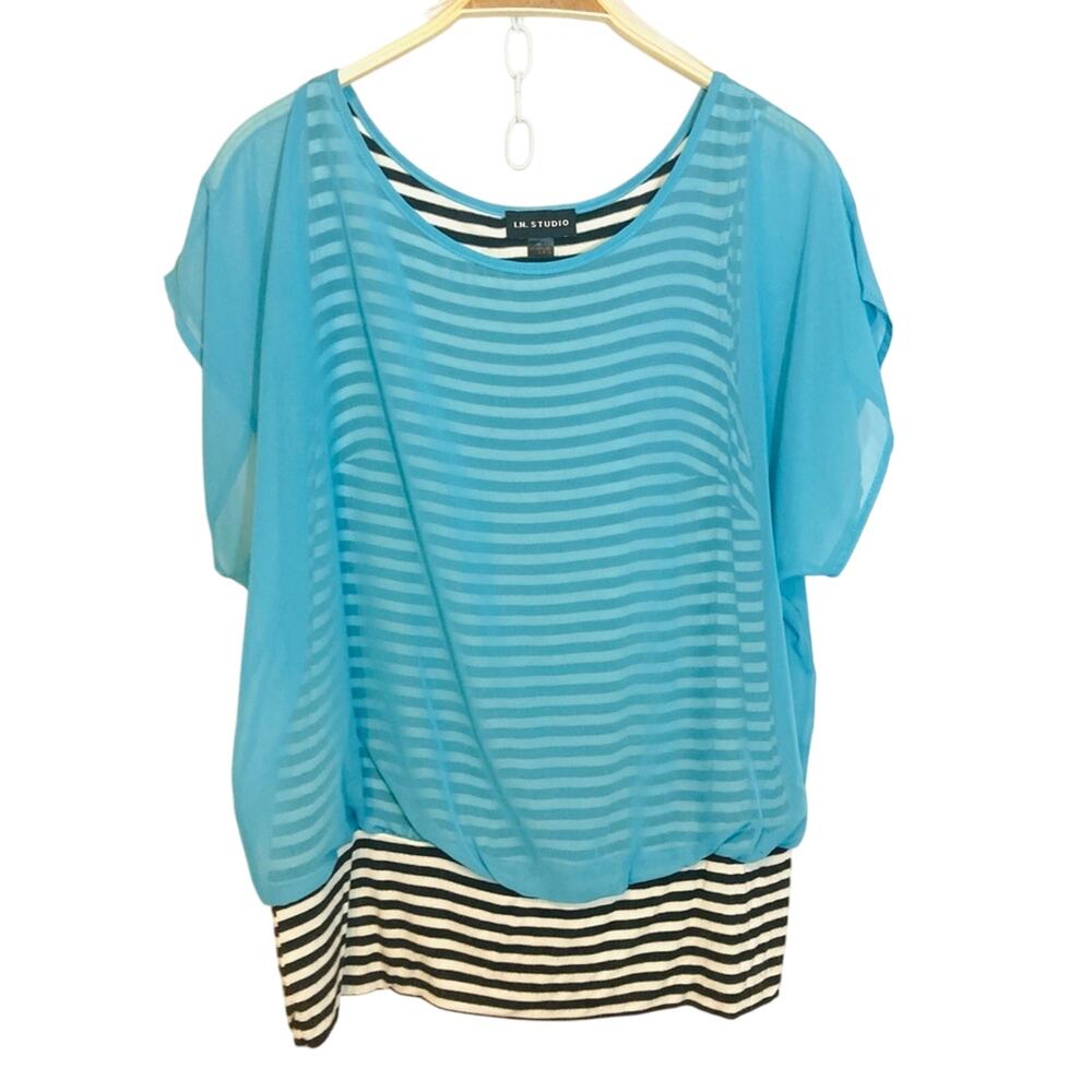 I.N. Studio Layer Sheer Turquoise Blue Blouse Black White Stripe Tank Top Medium